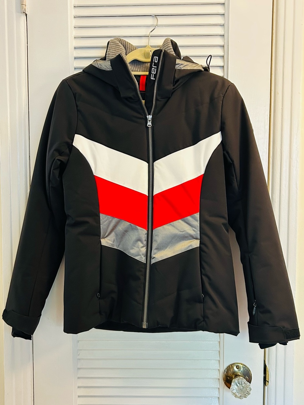 Womens Snow/Ski Jacket Black with White, Red & Gray Chevron Panels